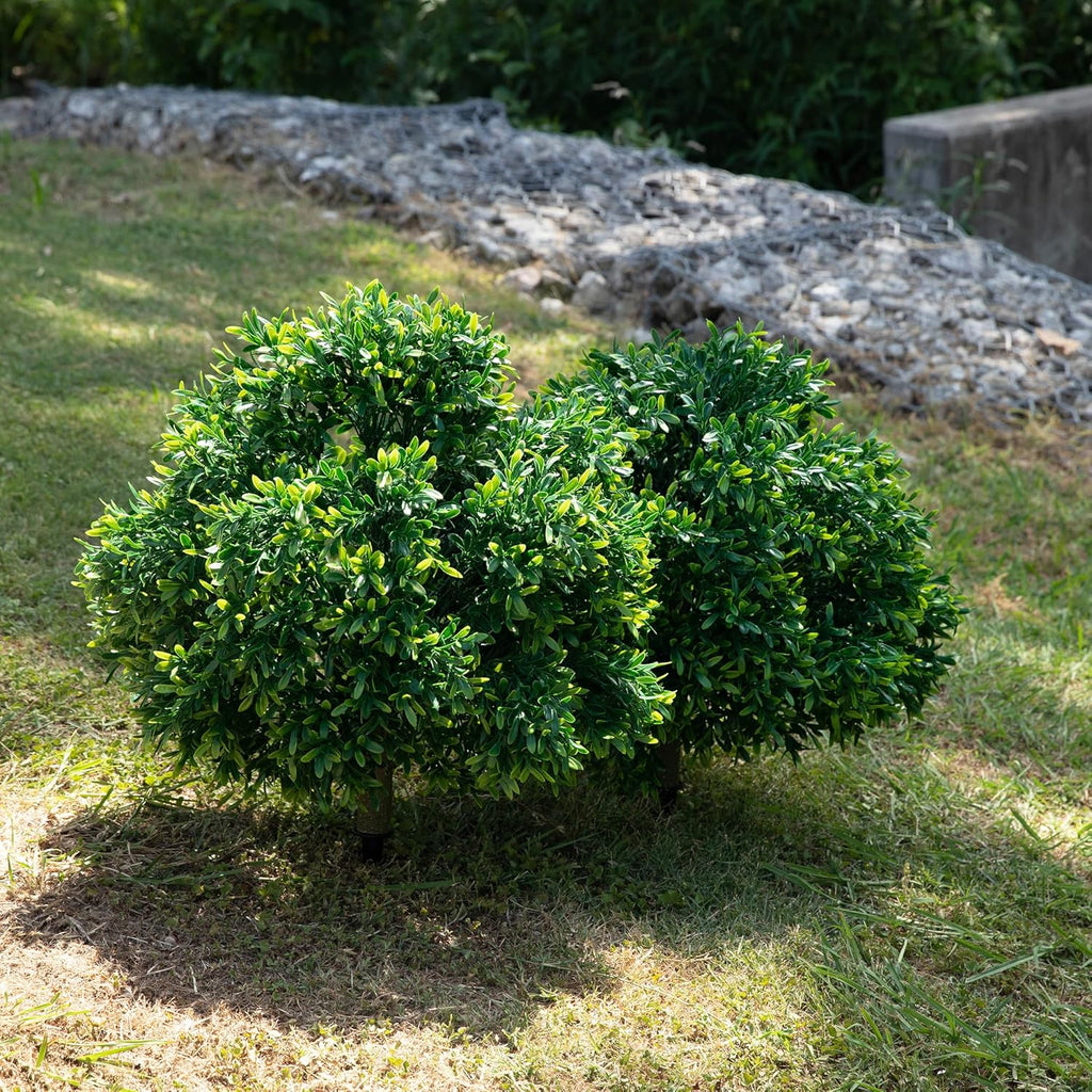 DRAY 16" Diameter Artificial Japanese Boxwood Topiary – Set of 2 Faux Plants with Ground Spikes – UV-Resistant, Realistic Outdoor & Indoor Garden Décor – Weatherproof and Durable