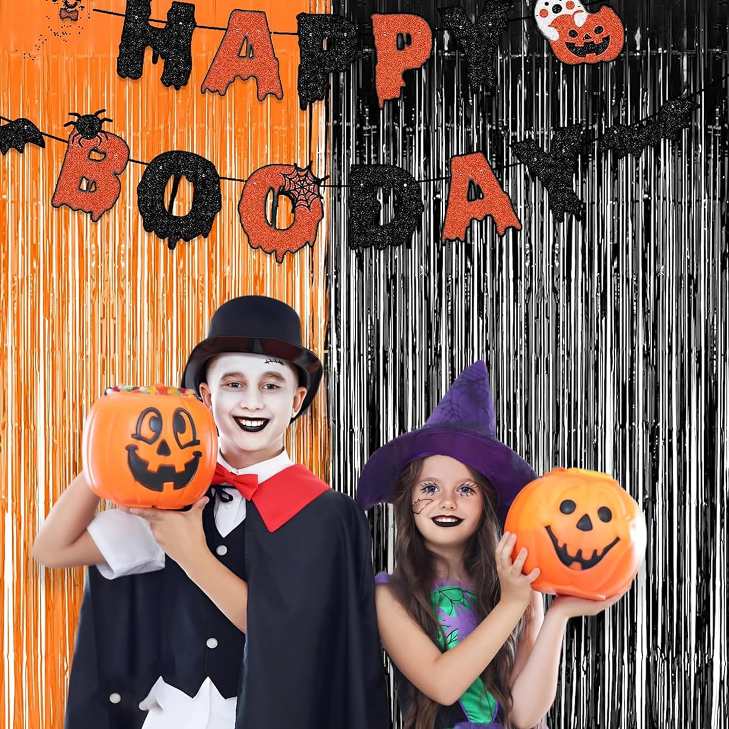 BRAVESHINE 1 Black 1 Orange Tinsel Photo Backdrop Curtains - 3.2x8.2ft Foil Fringe Streamer Curtain for Birthdays, Halloweens, Graduations, Pumpkin, Home, Indoor or Outdoor Party Supplies Decorations