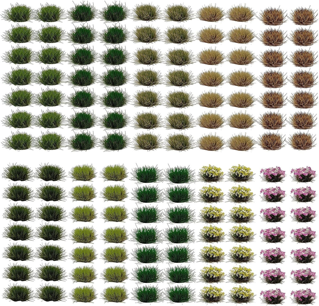 140 Pcs Static Grass Tufts & Miniature Flower Clusters - Artificial Grass Terrain Scenery Kit for Model Train Railway, Military Sand Table, DIY Diorama Landscape