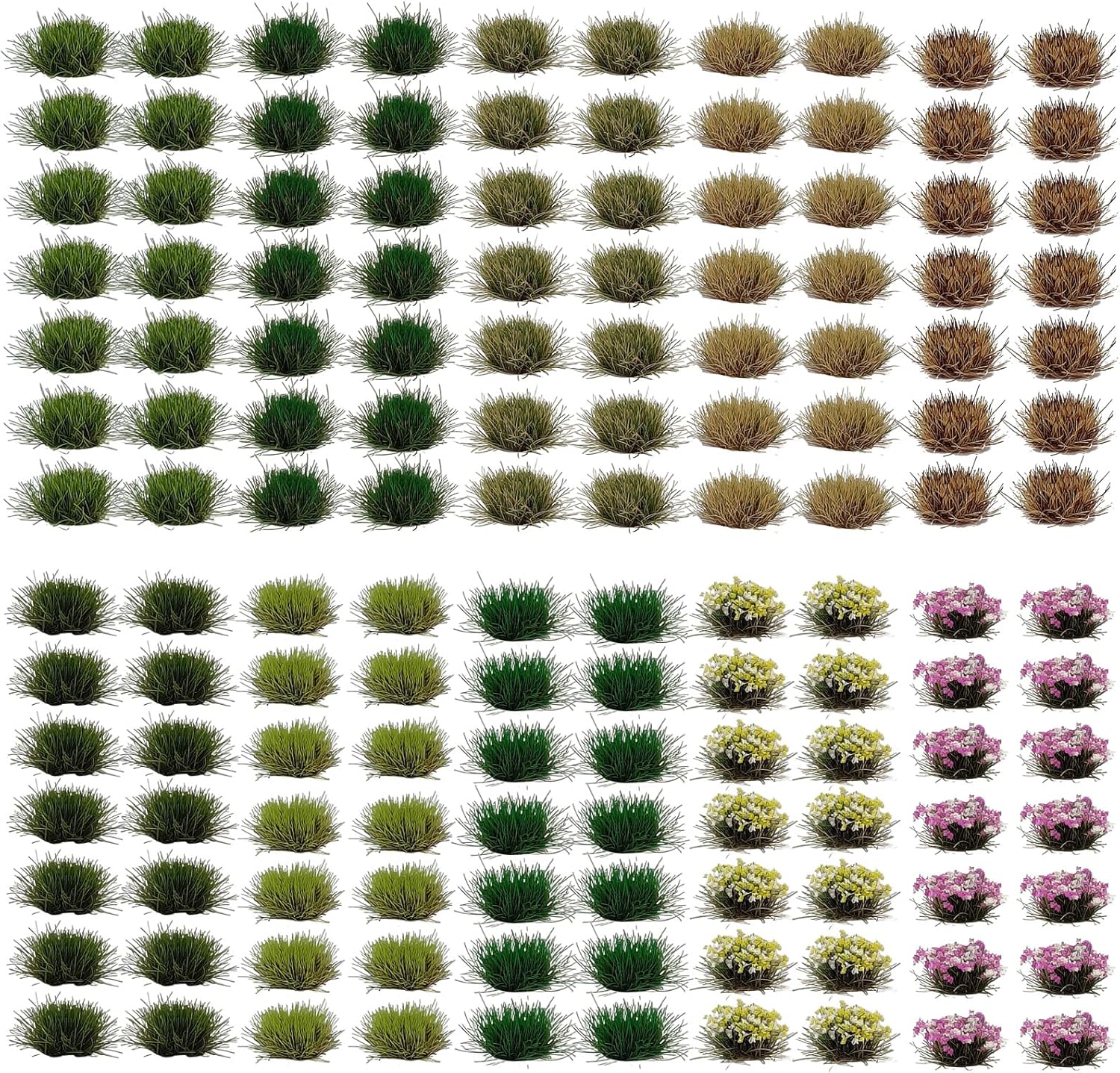140 Pcs Static Grass Tufts & Miniature Flower Clusters - Artificial Grass Terrain Scenery Kit for Model Train Railway, Military Sand Table, DIY Diorama Landscape