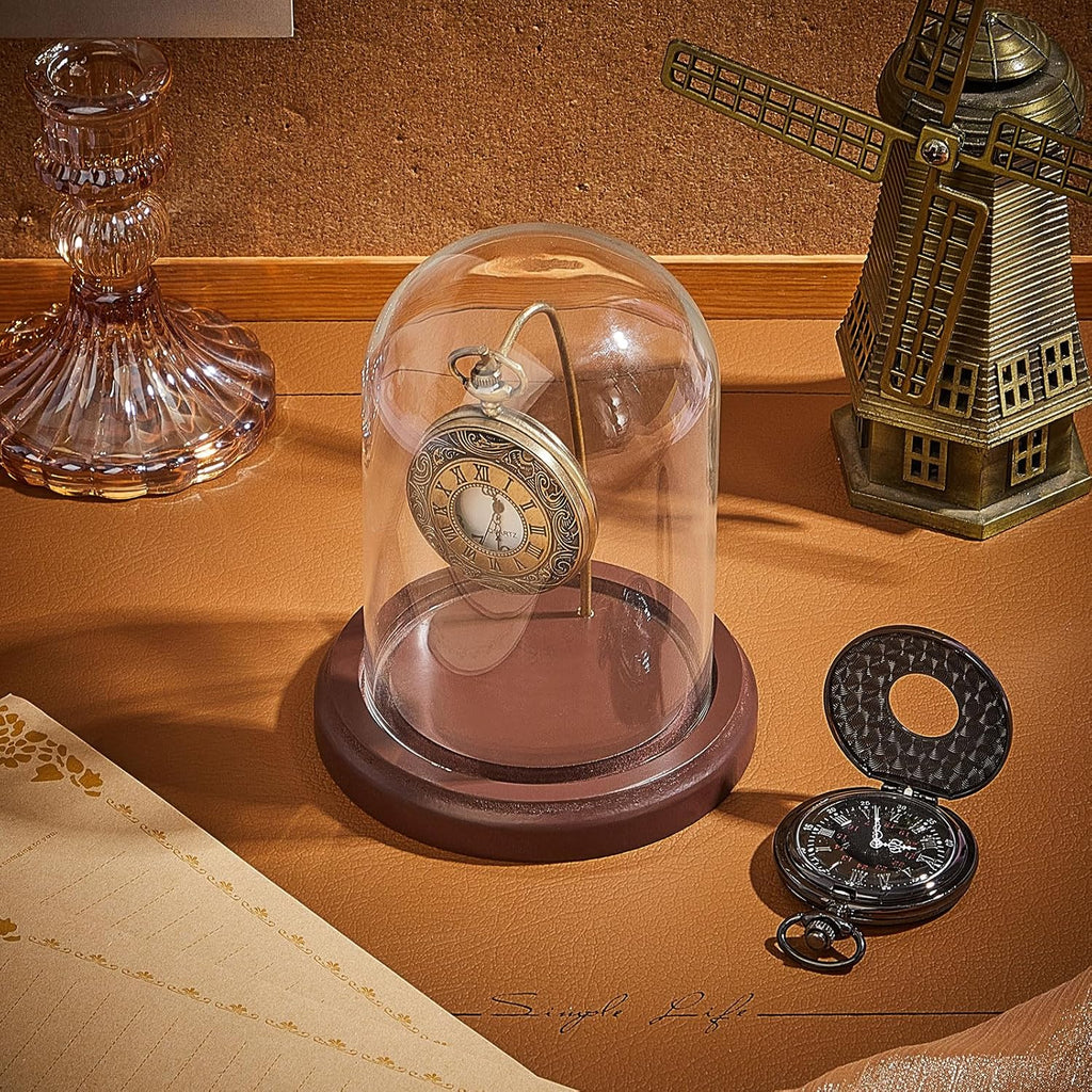 2 Pcs Pocket Watch Glass Display with Hooks Dome Cloche with Wood Base Decorative Glass Display Dome Showcase for Watch Plants Medals Photos Collectibles Dark MDF Base(3" X 5",Gold Hook)