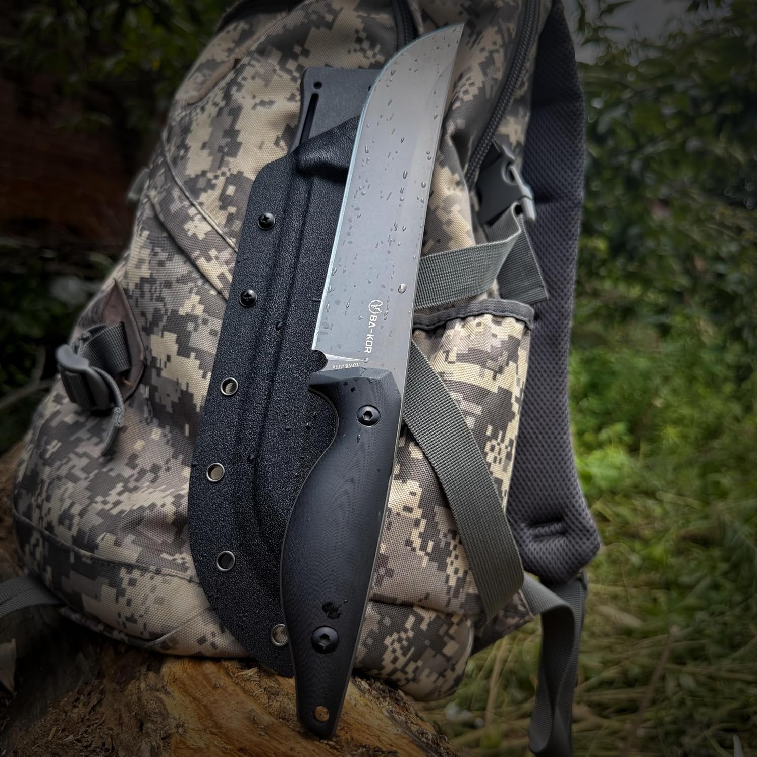 BA-KOR 5MM (9CR18MOV) steel 12.8'' full tang Hunting knife +K sheathing &5.9" cerium igniter can be used outdoors for outdoor hunting, camping, obstacle clearing, wood chopping, BBQ, fishing, kitchen cutting, EDC tools, gifts
