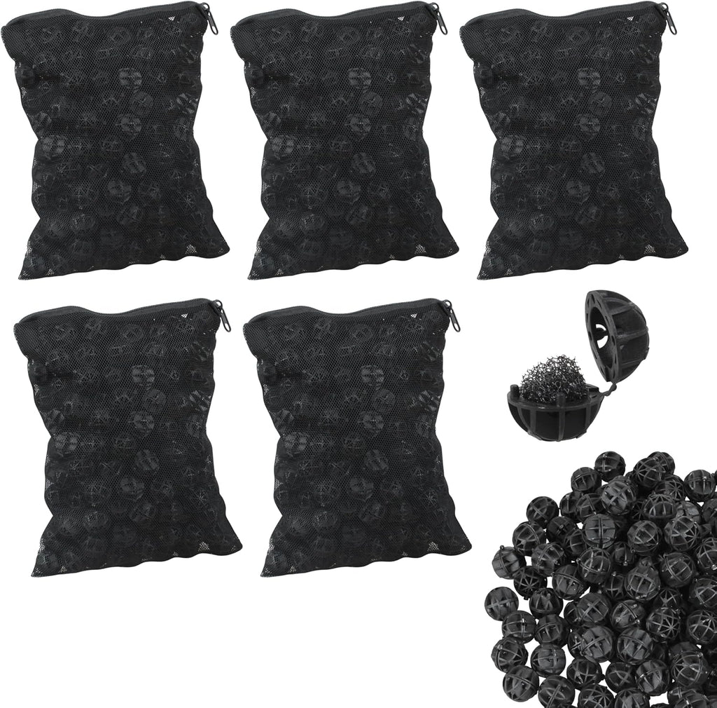 500 Pieces Black Bio Balls 0.6 Inch Internal Bioballs Filter Media for Aquarium Filter Pond Filter with 5 Pack Zippered Aquarium Filter Media Mesh Bags
