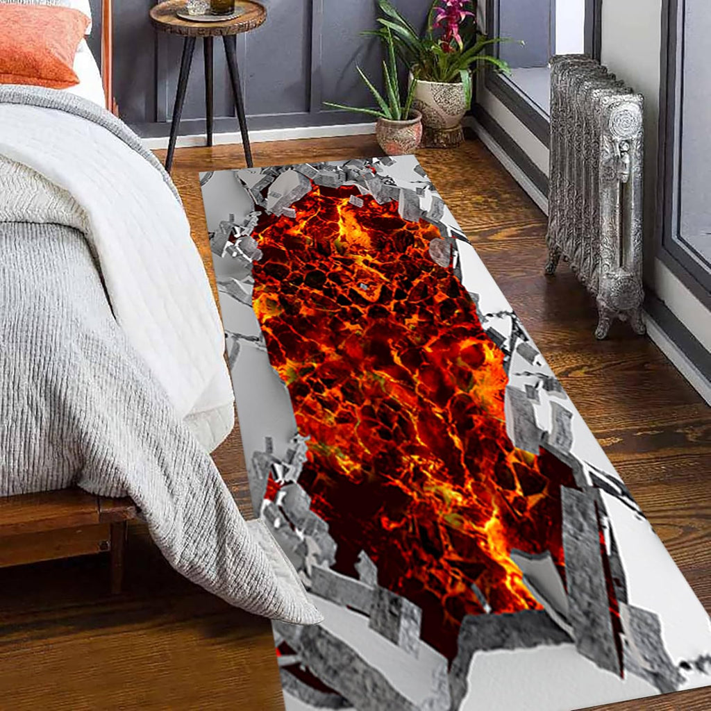 Volcano Landscape Hallway Rug, 1.3x7ft, 3D Optical Illusion Abstract Lava Long Retro Rock Cracks Print Runner Rug, Foldable Non-Shedding Carpets Rug for Entryway Indoor Bedroom