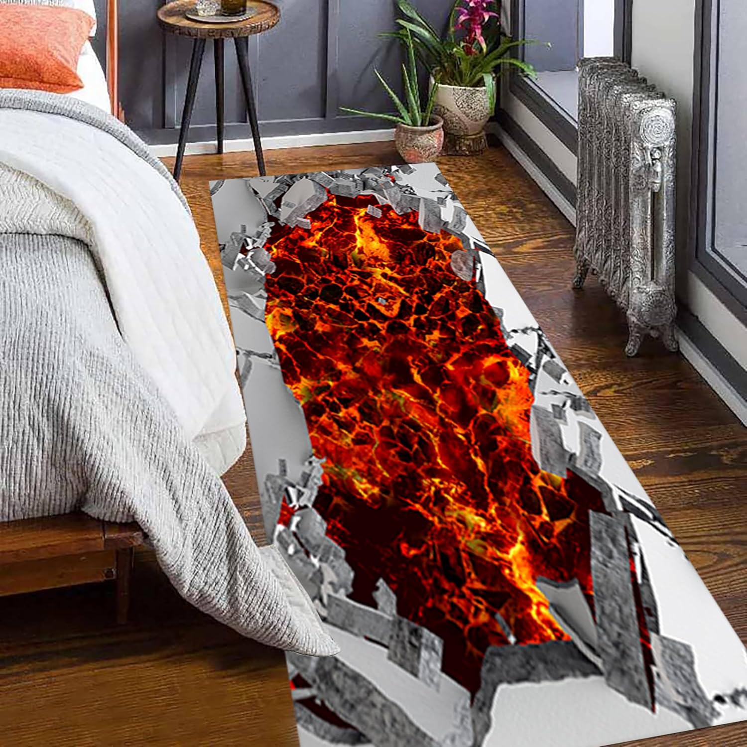Volcano Landscape Hallway Rug, 3.3x7ft, 3D Optical Illusion Abstract Lava Long Retro Rock Cracks Print Runner Rug, Foldable Non-Shedding Carpets Rug for Entryway Indoor Bedroom