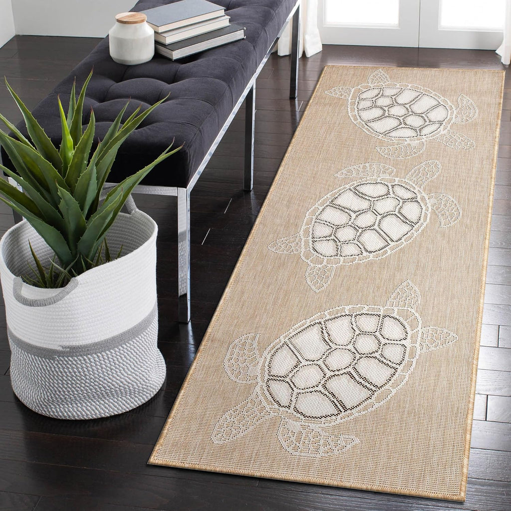 Liora Manne Carmel Indoor/Outdoor Power Loomed Synthetic Blend Low Profile Area Rug - Transitional Coastal Turtle Decorative (Seaturtles Sand) (1'11" x 4'11")