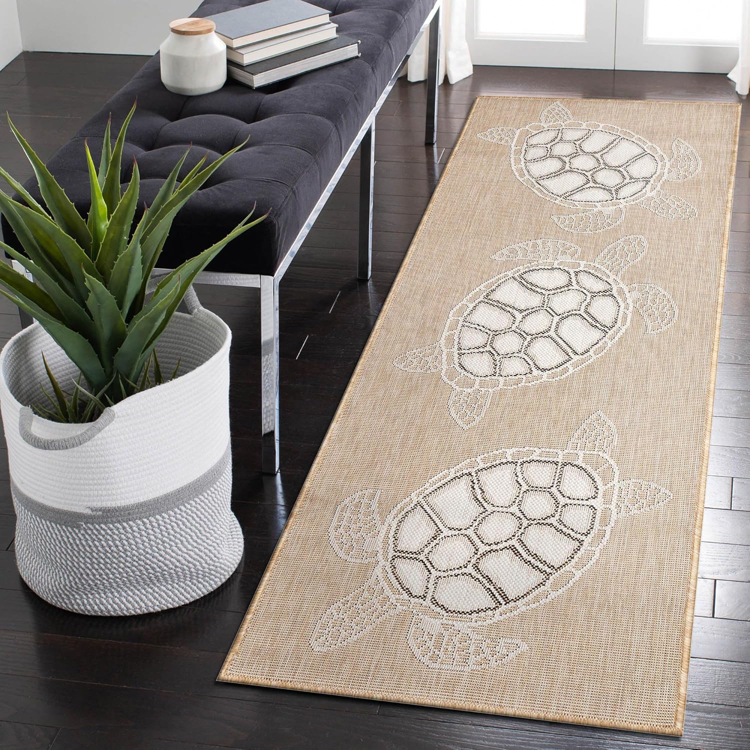Liora Manne Carmel Indoor/Outdoor Power Loomed Synthetic Blend Low Profile Area Rug - Transitional Coastal Turtle Decorative (Seaturtles Sand) (1'11" x 4'11")