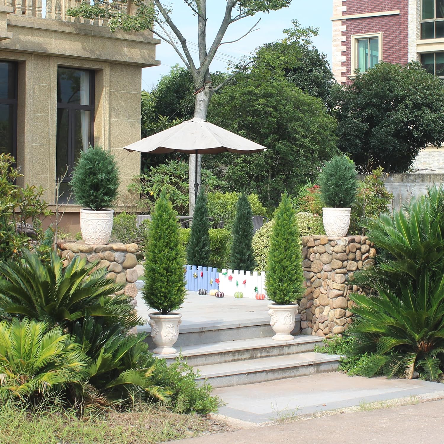 Two 4ft Artificial Topiary Tree Fake Bushes Potted Plants UV Resistant Faux Cedar Trees Artificial Outdoor Shrubs for Front Porch Garden