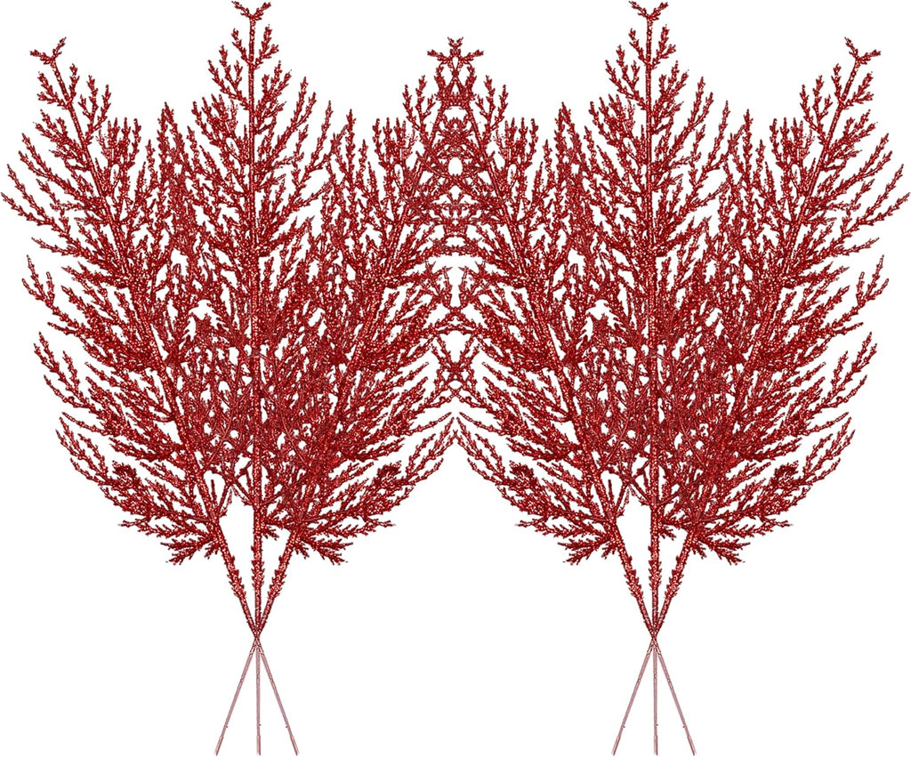 Christmas Glitter Twigs 24pcs Artificial Pine Tree Picks for Christmas Tree Ornaments fillers, DIY Xmas Wreath, Crafts, Garland, Holiday, Party, Wedding and Home Decoration (Red)