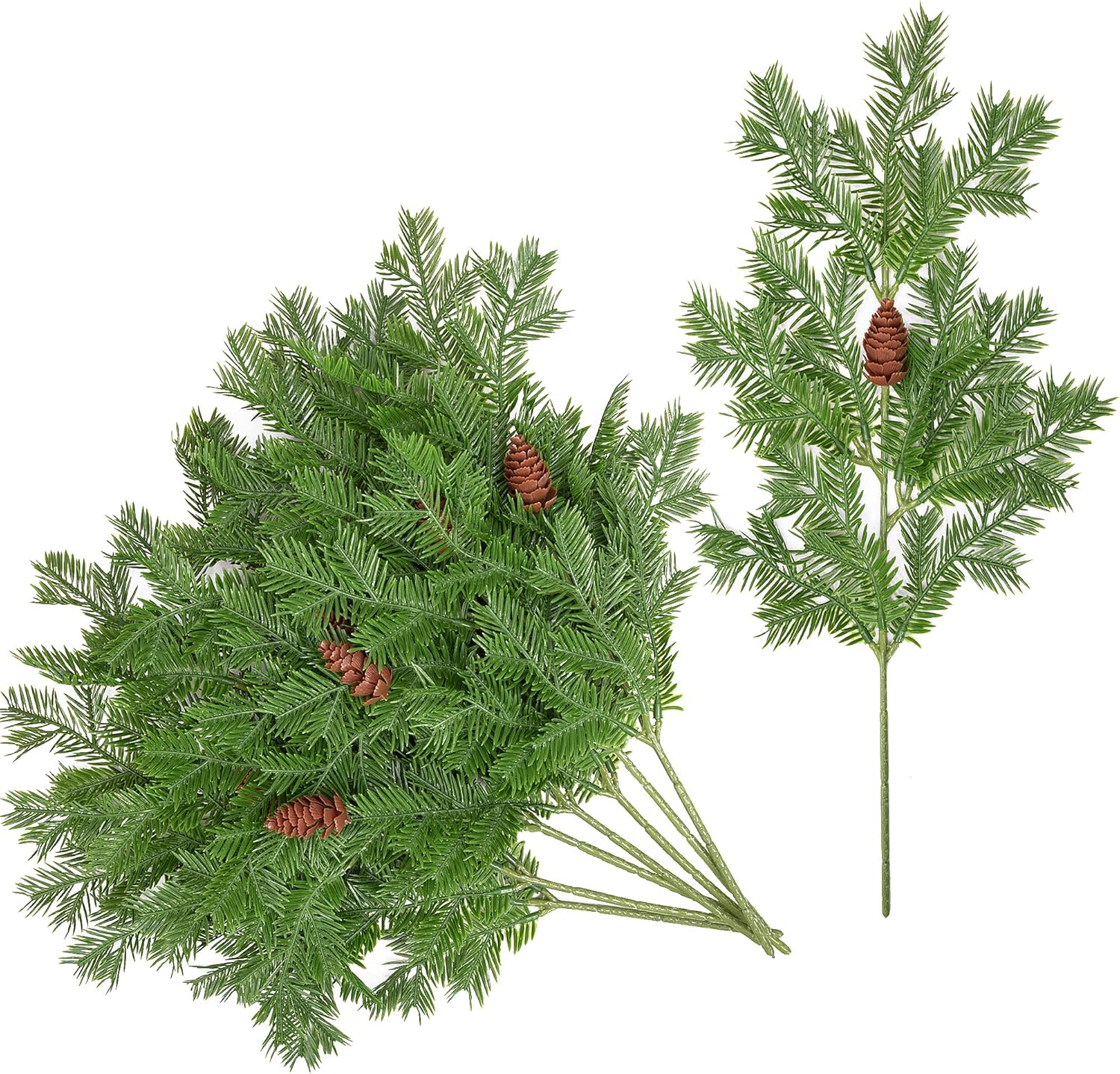 Watayo 8 Pcs Large Artificial Pine Needles Branches- 16" x 7" Christmas Fake Greenery Pine Picks with Pinecone- Faux Pine Leaves Sprigs for Christmas Garland Wreath & Home Garden Decoration