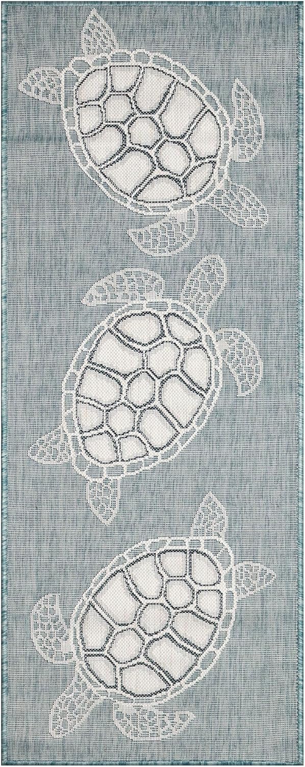 Liora Manne Carmel Indoor/Outdoor Power Loomed Synthetic Blend Low Profile Area Rug - Transitional Coastal Turtle Decorative (Seaturtles Aqua) (1'11" x 4'11")