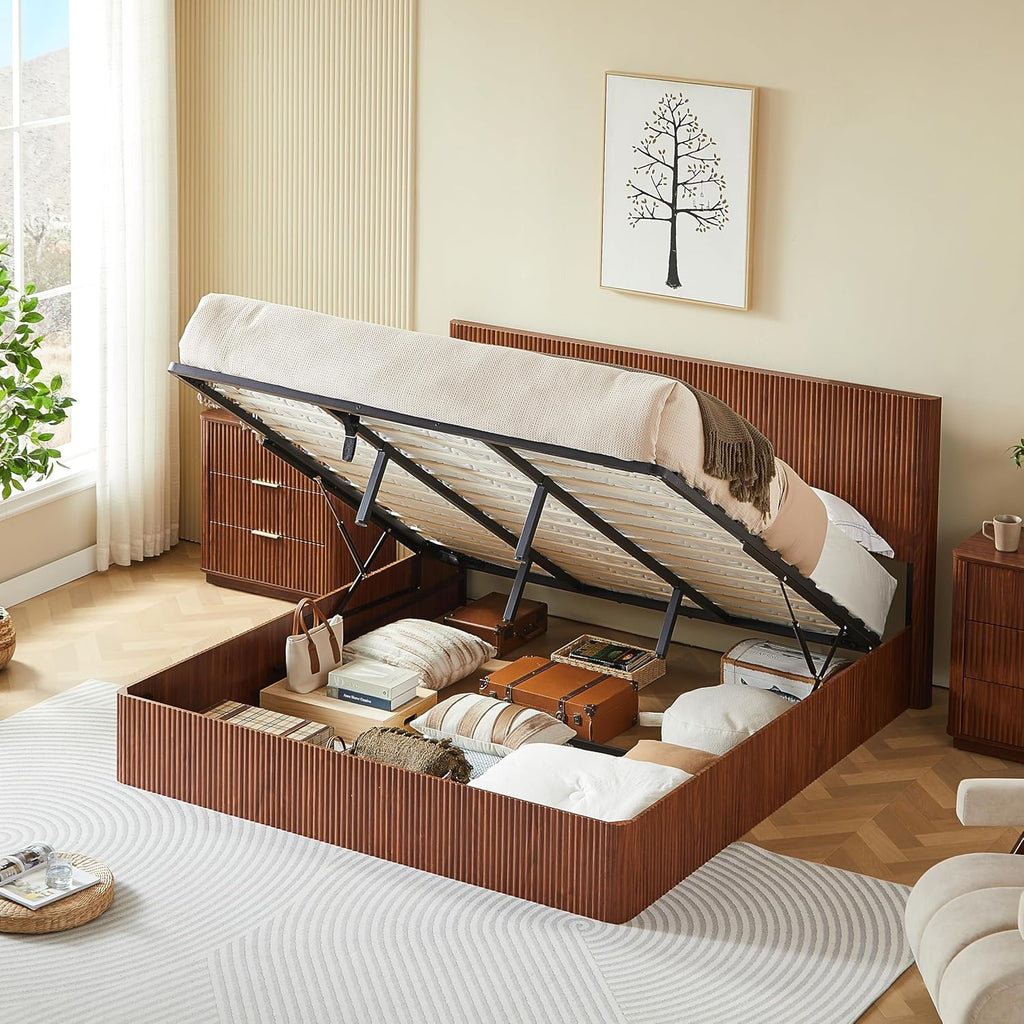 KEIKI King Size Wood Platform Bed Bedframe with Lift Up Hydraulic Storage,Corrugated Curved Lines Design for Bedroom Adult