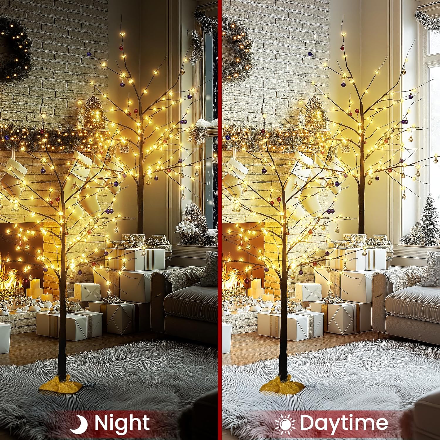 Lamerge Brown Lighted Birch Tree Set of 3, Christmas Decorations Birch Tree with Lights for Home Holiday Party, Indoor/Outdoor 4FT+5FT+6FT, Halloween Decorations