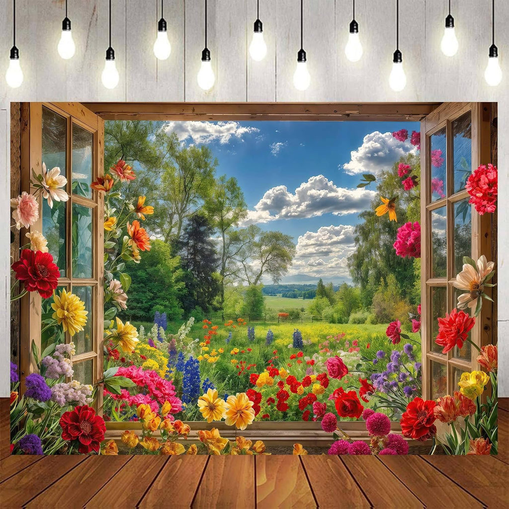 10x8ft Spring Garden Window Floral Backdrop for Photography Floral Nature Summer Landscape Photo Background Blooming Flowers for Portrait Photoshoot Wedding Baby Shower Birthday Party Studio Decor