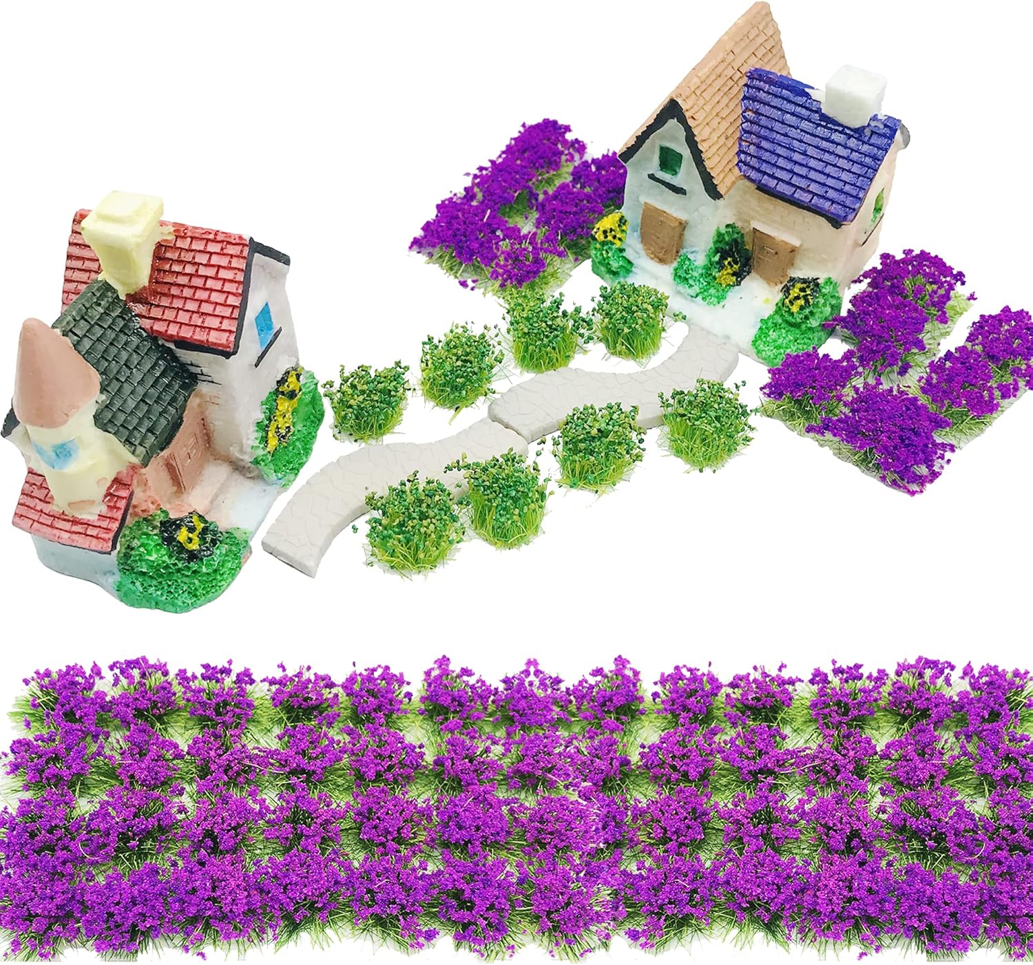 Cayway 11 PCS Flower Cluster Model Flower Vegetation Groups Grass Tufts Set, Model Trees and House, Miniature Static Scenery Model for DIY Architecture Building Garden Scenery Landscape