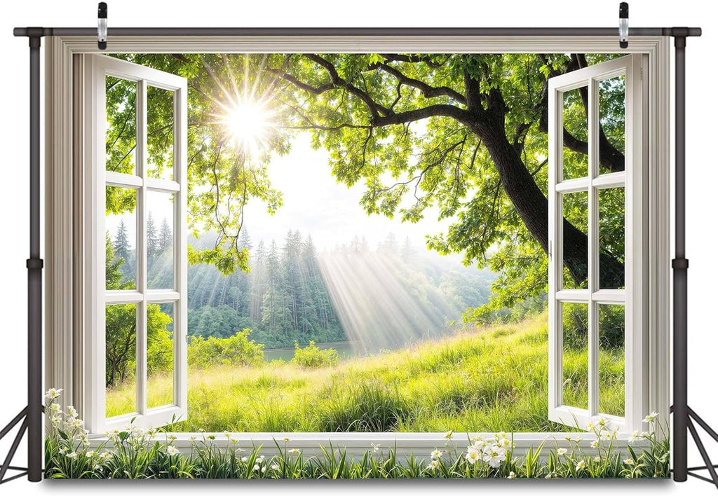 20x10ft Spring Tree Backdrops for Photography Window Floral Backdrop Spring Flowers Floral Backdrop Garden Nature Scene Background Portrait Photo Props Bridal Shower Birthday Party Banner