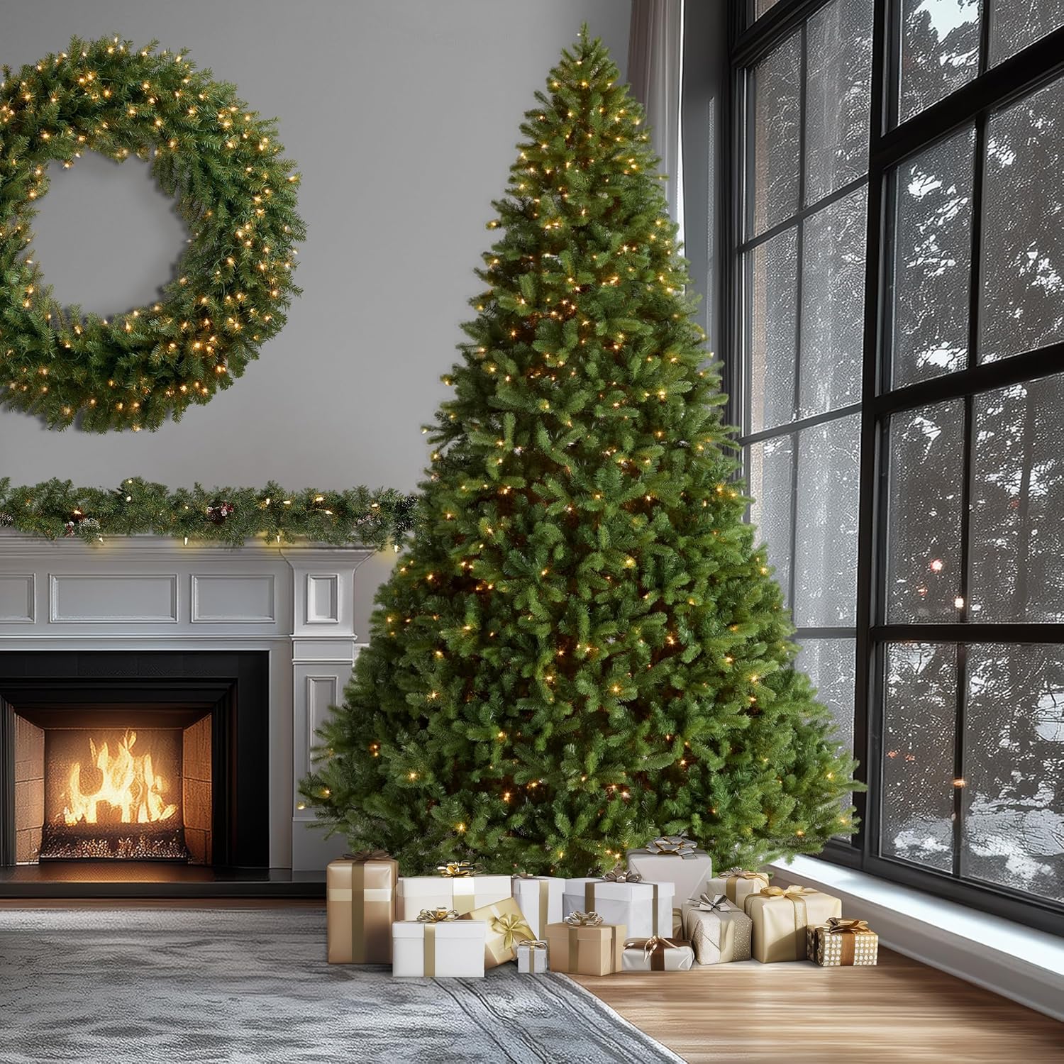 National Tree Company Pre-Lit 'Feel Real' Artificial Giant Full Downswept Christmas Tree, Green, Douglas Fir, White Lights, Includes Stand, 12 feet