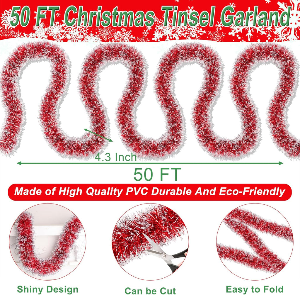50 Feet Red White Christmas Tinsel Garland Christmas Decorations, Thick Metallic Twist Shiny Hanging Tinsel Garlands for Xmas Tree Decor Stairs Mantle Fireplace Home Indoor Holiday Party Supplies