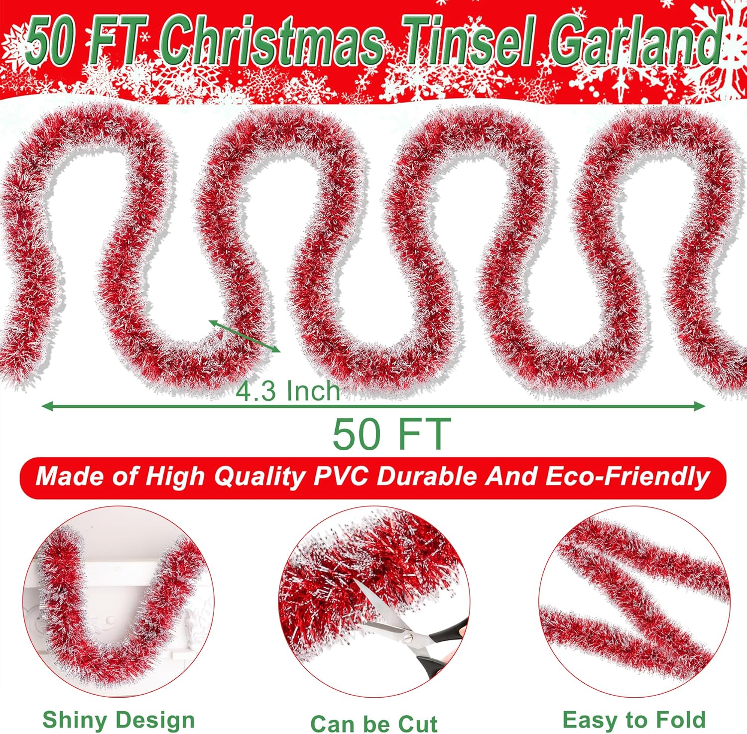 50 Feet Red White Christmas Tinsel Garland Christmas Decorations, Thick Metallic Twist Shiny Hanging Tinsel Garlands for Xmas Tree Decor Stairs Mantle Fireplace Home Indoor Holiday Party Supplies