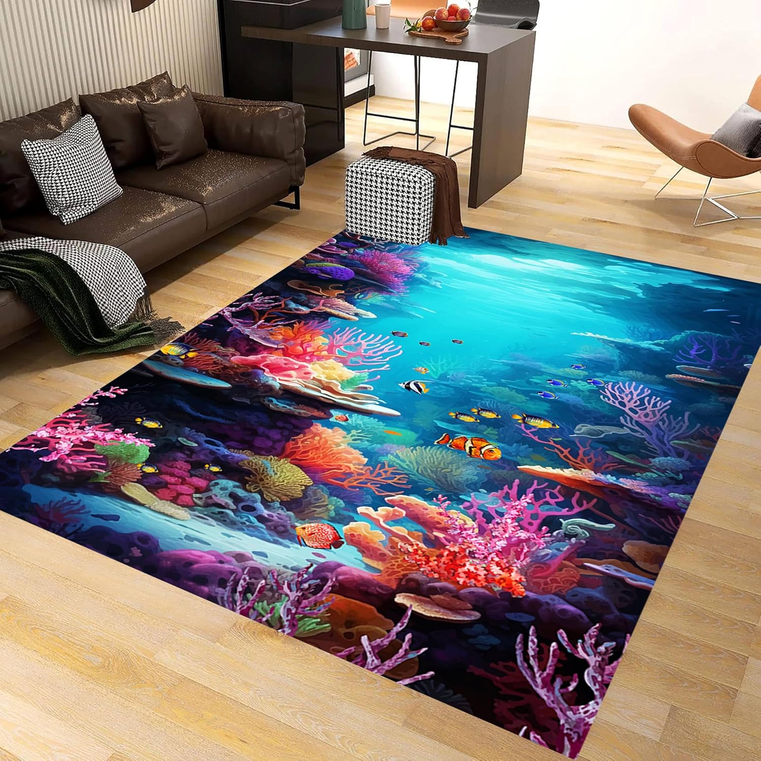 Under The Sea Area Rug, 3x4ft, Underwater World Coral Carpets for Bedroom, Marine Animal Tropical Fish Non-Slip Carpet, Low Pile Thin Absorbent Machine Washable Rugs for Living Room