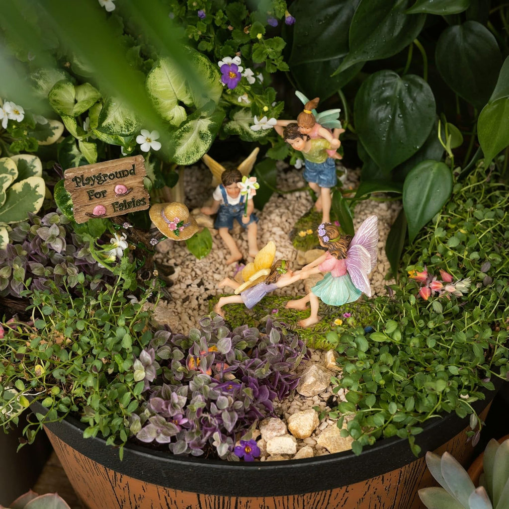 PRETMANNS Fairies for Fairy Garden - Accessories Kit for Indoor Outdoor Miniature Garden – Boy & Girl Figurines with a Cute Sign – 4-Piece Colorful Playground Set