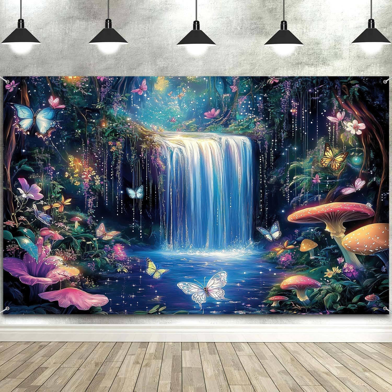6X4ft Enchanted Forest Photography Backdrop Fantasy Wonderland with Waterfall Mushroom Floral Butterfly Magic Landscape Photo Booth Props for Party Decorations Studio Shoots