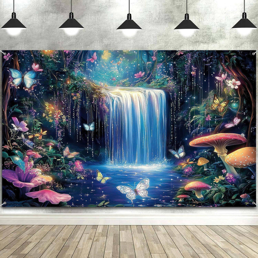 8X6ft Enchanted Forest Photography Backdrop Fantasy Wonderland with Waterfall Mushroom Floral Butterfly Magic Landscape Photo Booth Props for Party Decorations Studio Shoots