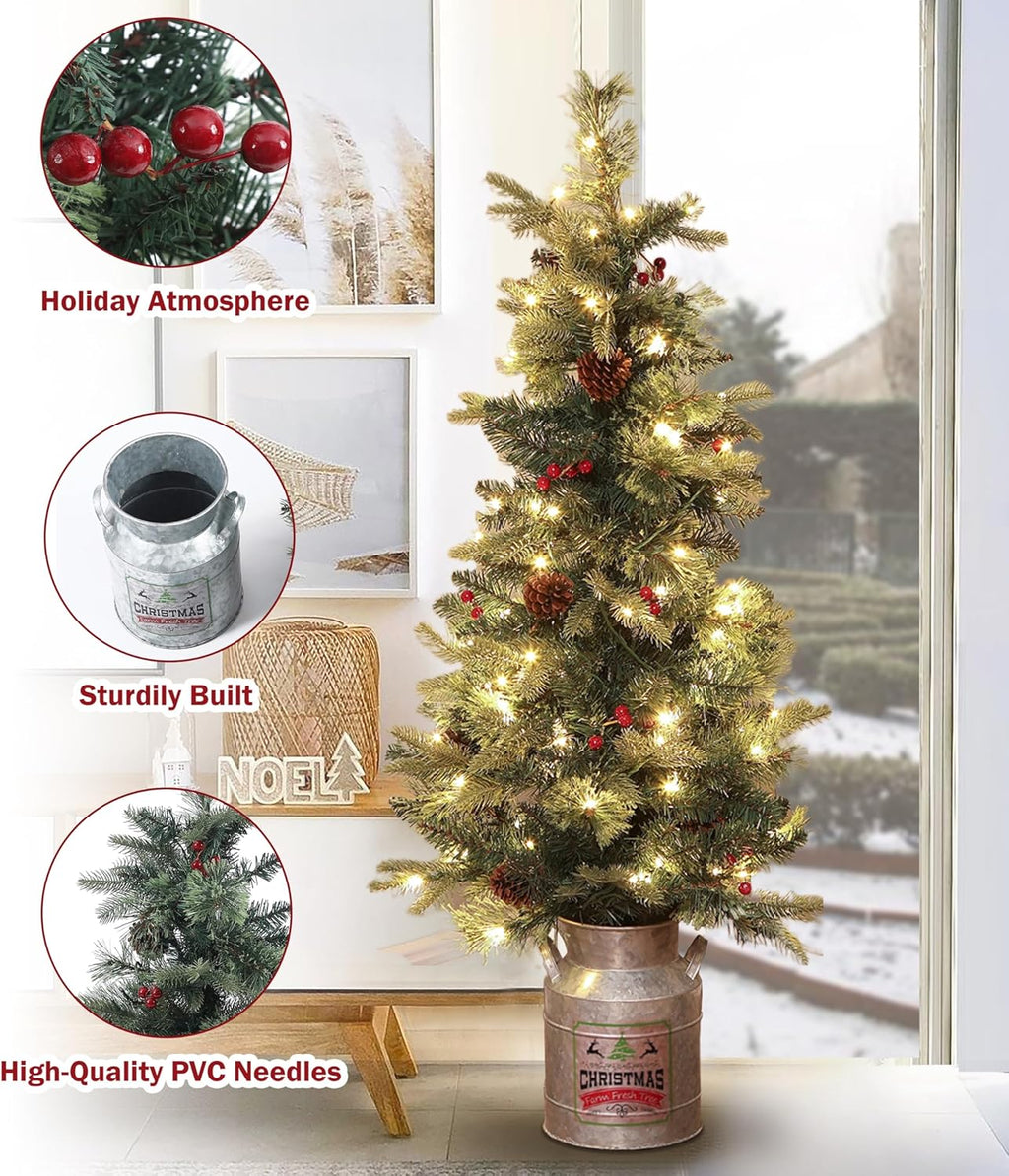 LuxenHome 4FT Small Christmas Tree, Prelit Slim Potted Artificial Christmas Trees with 100 Warm White LED Lights, Realistic Faux Pine Tree with Rustic Metal Pot for Indoor, Outdoor Holiday Decor