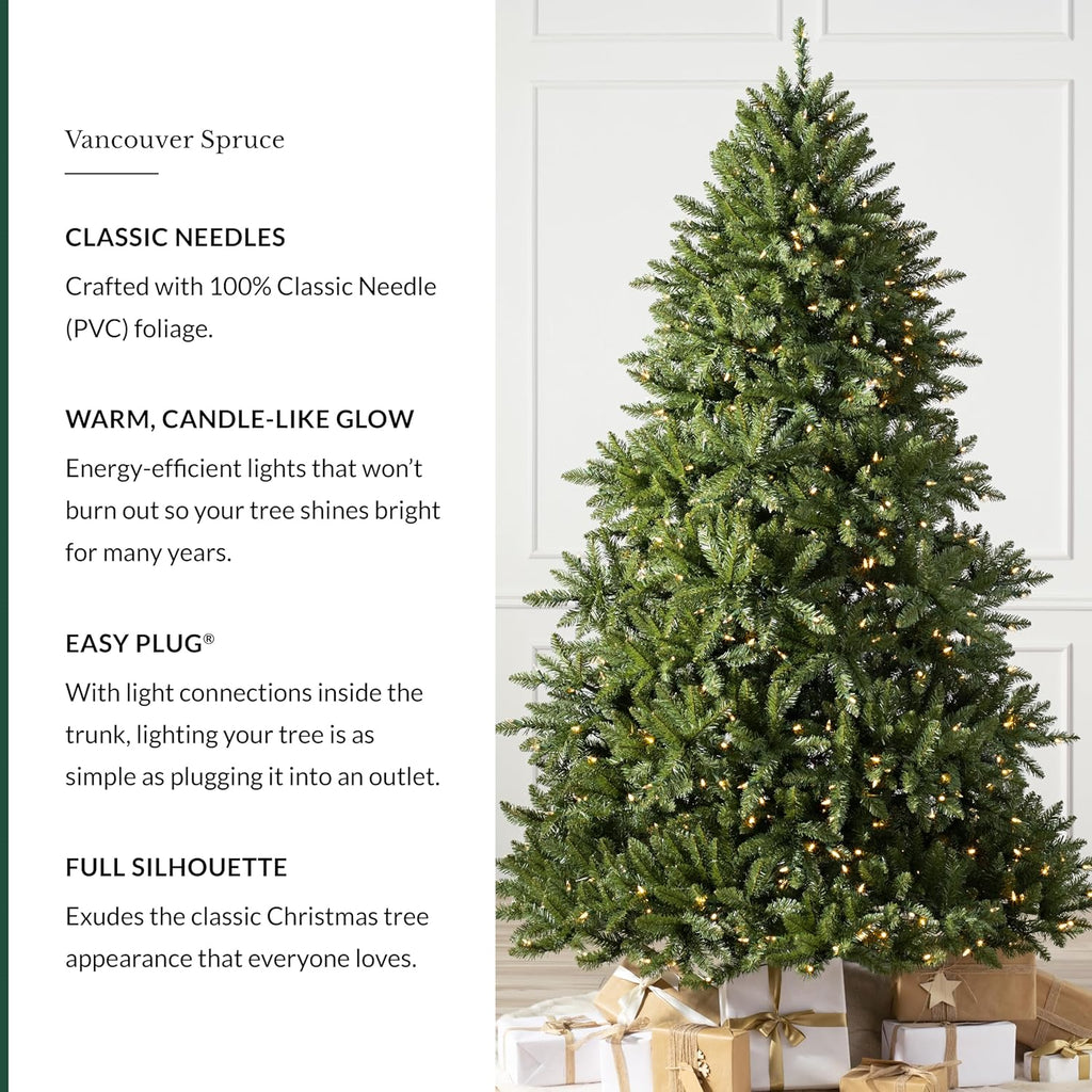 Balsam Hill Vancouver Spruce - Traditional Full Artificial Christmas Tree with Classic Needle Foliage with Premium Stand & Easy Assembly for Indoor Holiday Decorating, LED Clear, 7'