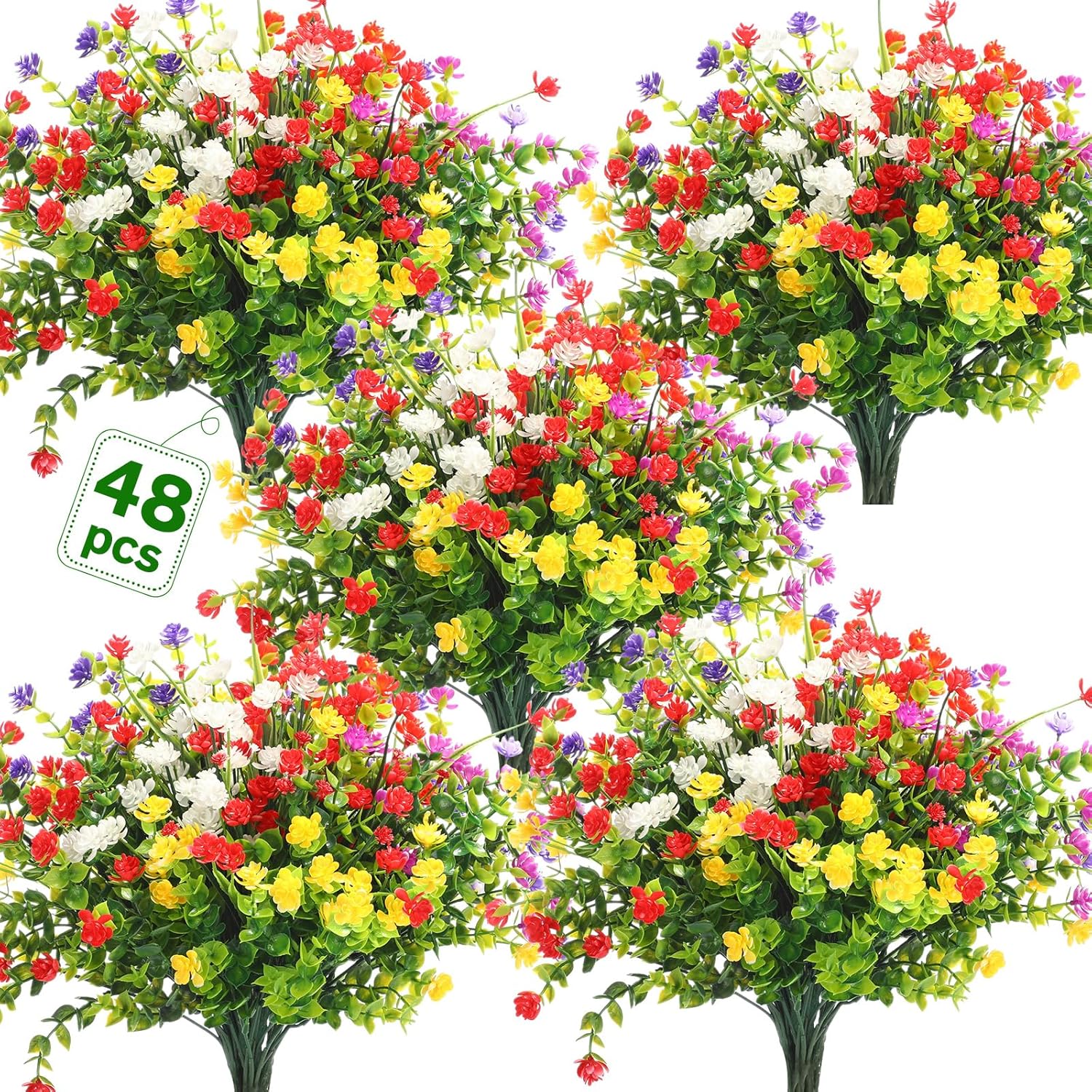 WILLBOND 48 Bundles Artificial Flowers Outdoor,UV Resistant Faux Plastic Plants Greenery Shrubs Flower Bulk for Hanging Planter Porch Window Home Wedding Spring Summer Decor (Fresh Color)