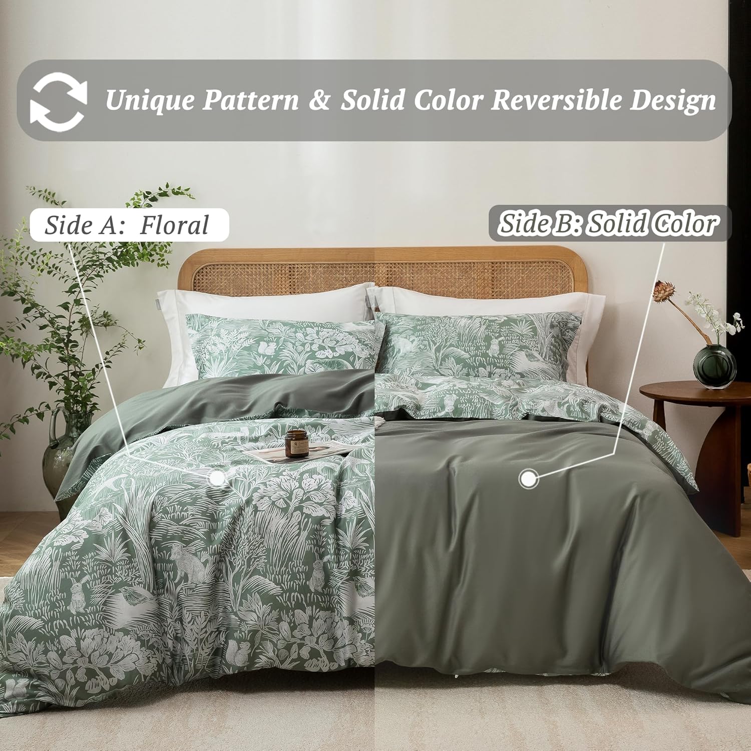 MILDLY Cal King Size Duvet Cover Set 100% Long-Staple Cotton Luxury Green Floral Patten Reversible Comforter Cover Set 3Pcs