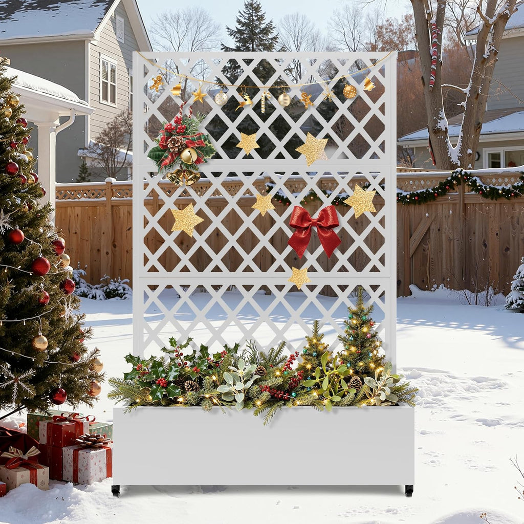 FENCY Metal Planter Box with Diamond Lattice Trellis Planter Box for Climbing Plants/Vines, Galvanized Raised Garden Bed On Wheels, Garden Bed with Trellis(73"x47" White)