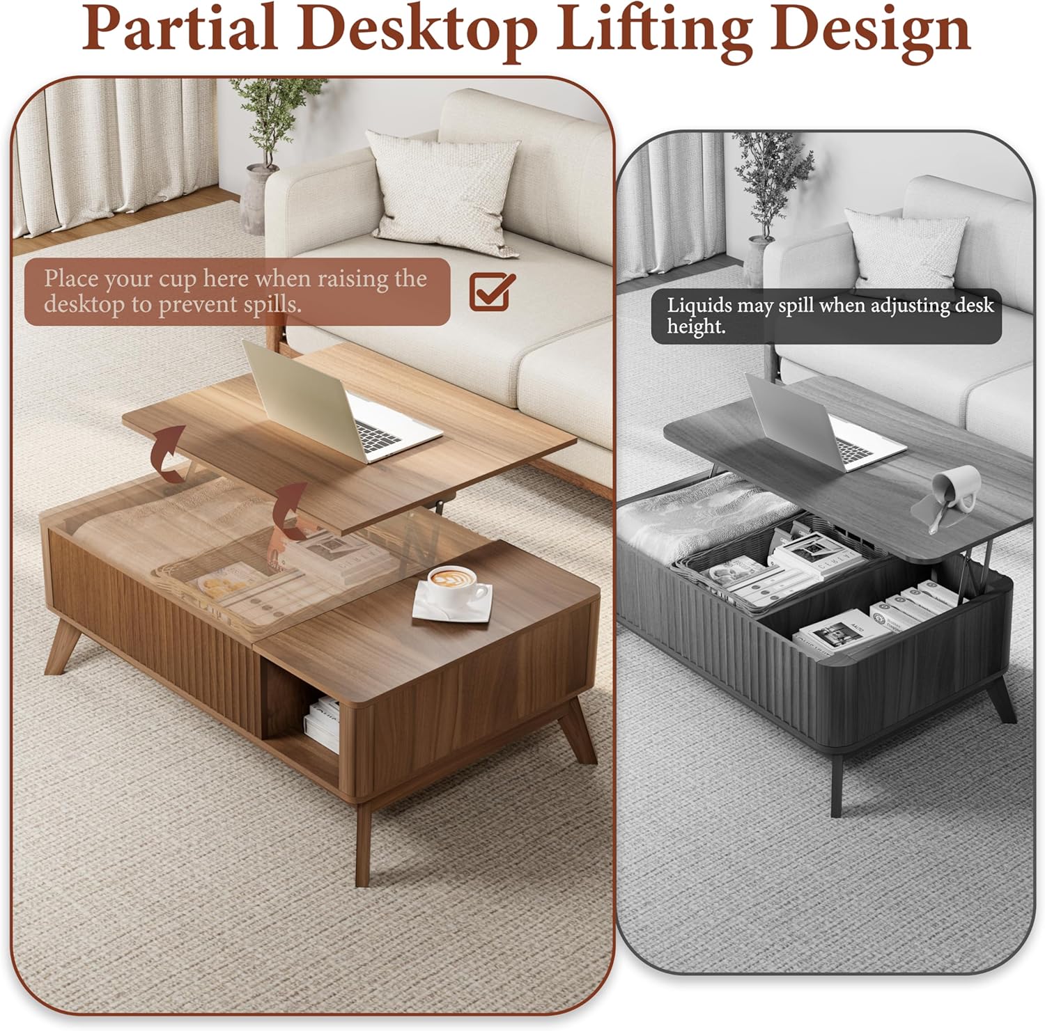 Lift Top Coffee Table with Storage Hidden Compartment, 40" Mid - Century Modern Wooden Living Room Center Table, Adjustable Height Desk for Laptop, Multifunctional Sofa Side Table，Walnut