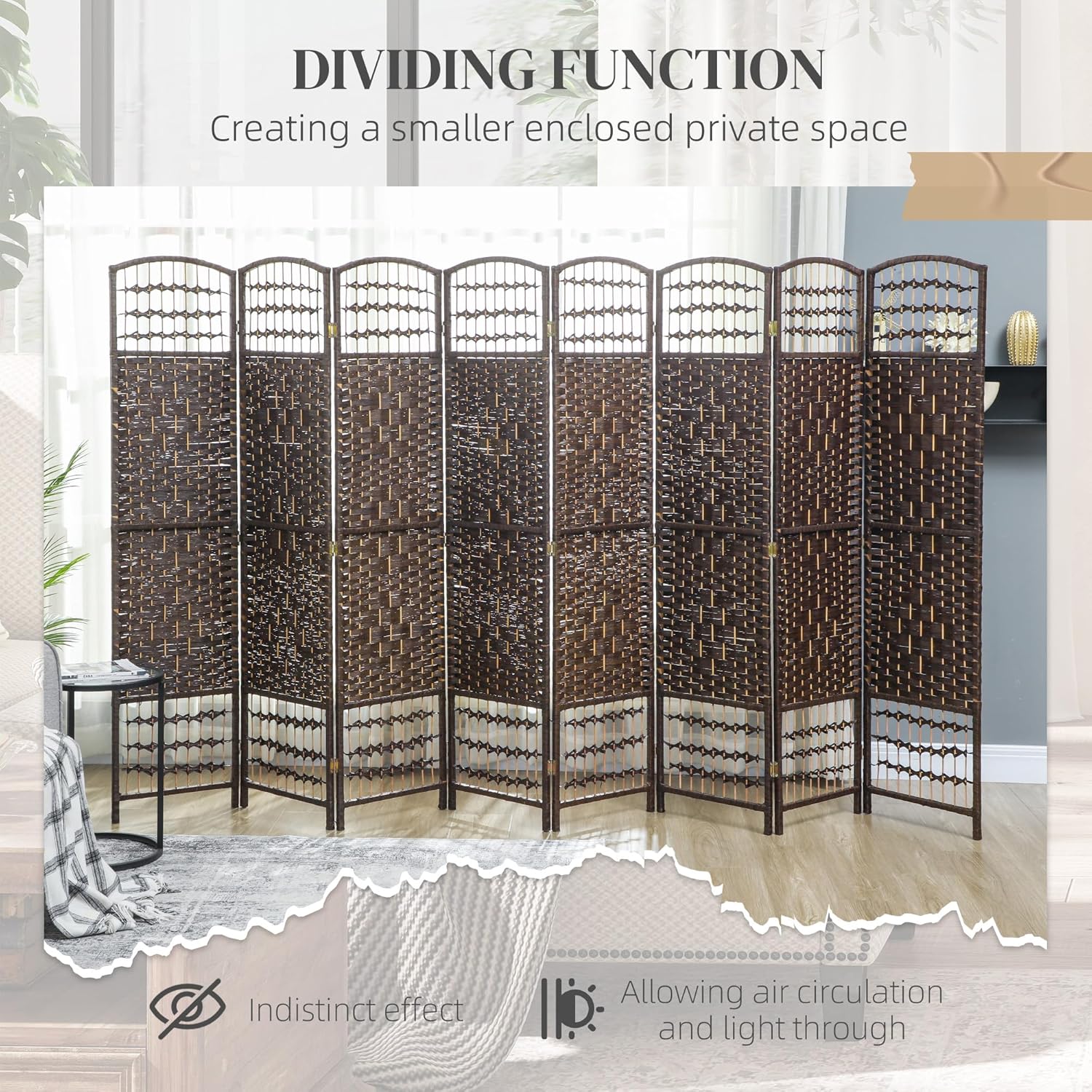 HOMCOM 8 Panel Room Divider, Folding Privacy Screen, 5.6' Room Separator, Wave Fiber Freestanding Partition Wall Divider, Brown