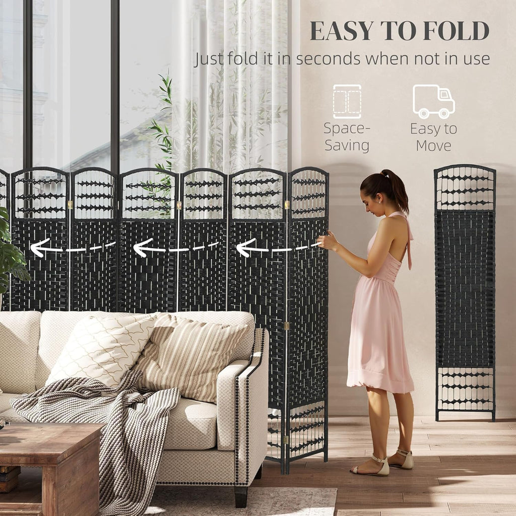 HOMCOM 8 Panel Room Divider, Folding Privacy Screen, 5.6' Room Separator, Wave Fiber Freestanding Partition Wall Divider, Black