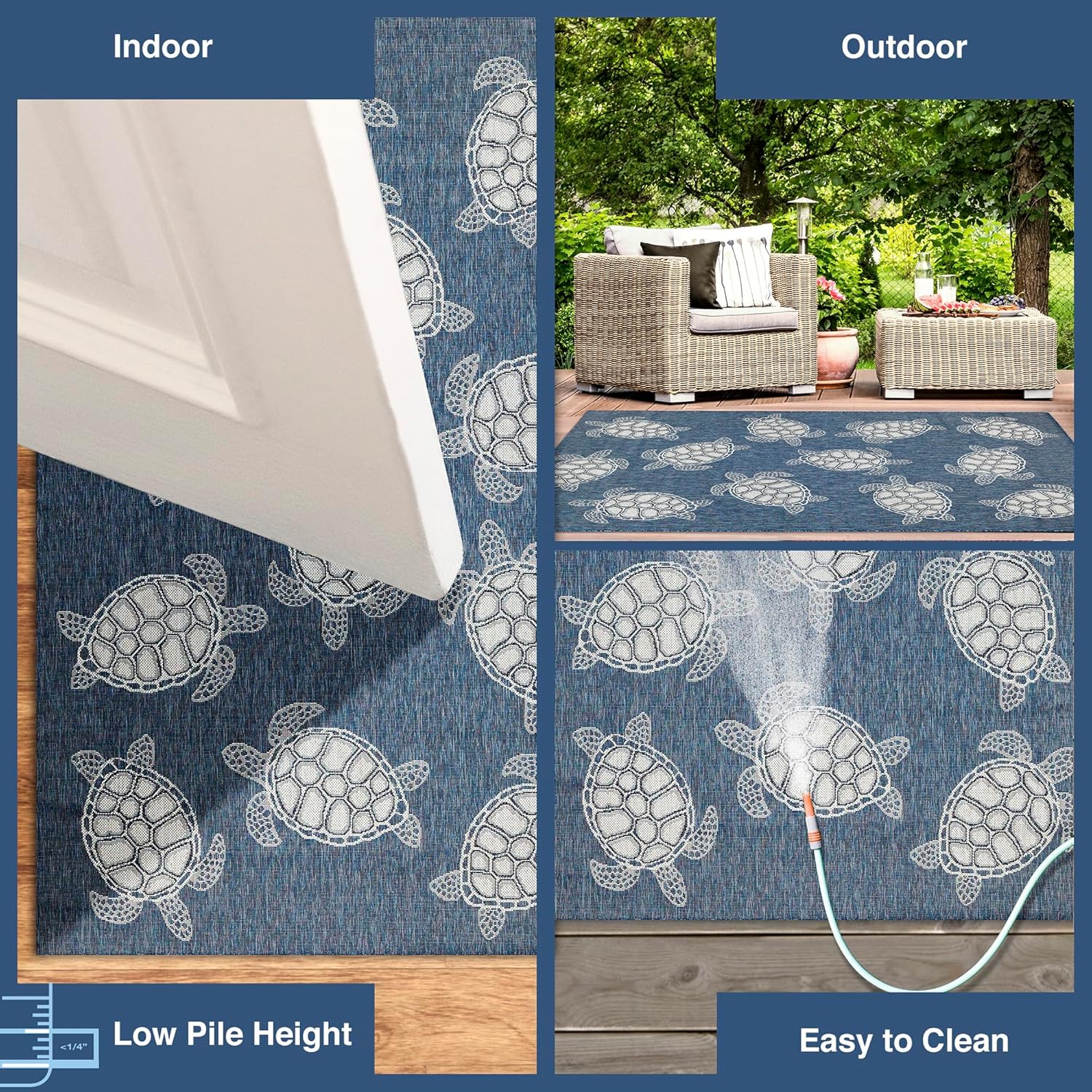 Liora Manne CARMEL Indoor/Outdoor Power Loomed Synthetic Blend Low Profile Area Rug - Transitional Coastal Turtle Decorative (Seaturtles Navy) (6'6" x 9'4")