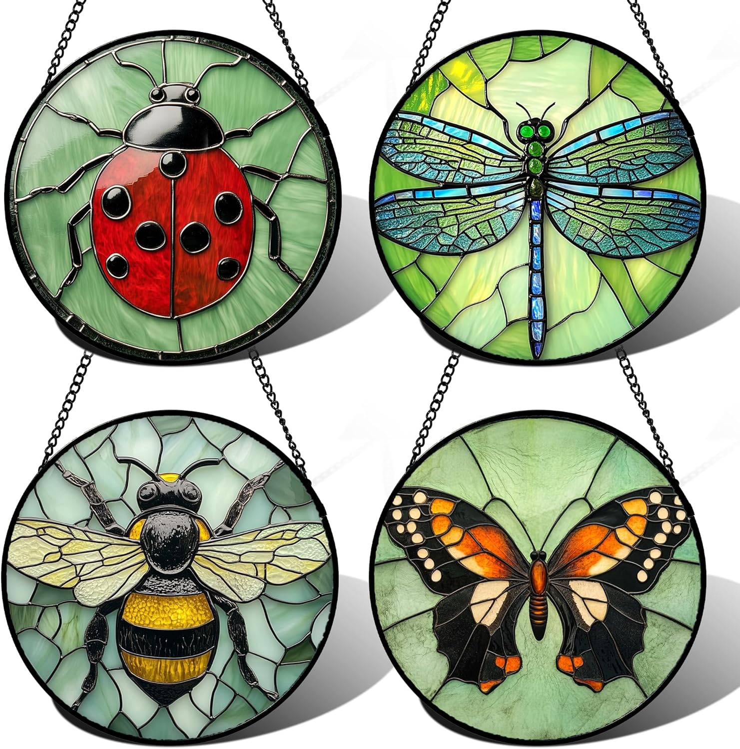 Stained Glass Window Hanging 4 Pcs Set Butterfly Dragonfly Bee Ladybug Large 15" - Suncatcher Door Garden Sun Catcher Decor Birthday Mother's Day for Mom Woman Nana Men