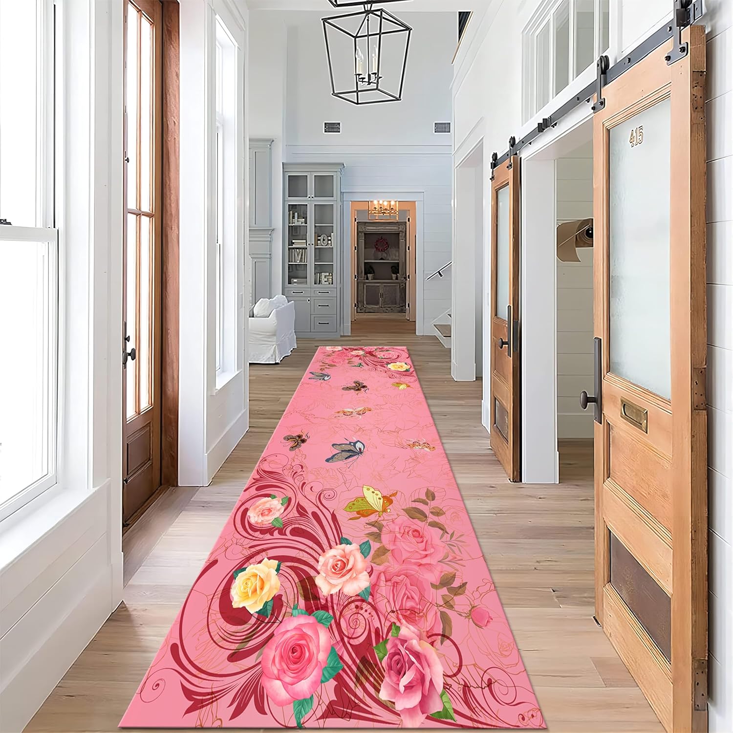 Butterfly Flower Carpet, 1.3x7ft, Modern Art Peony Flower Hallway Runner Rug, Durable Machine Washable Carpet for Entryway, Shed Resistant Low Pile Pet Friendly Mat for Sofa Bedside
