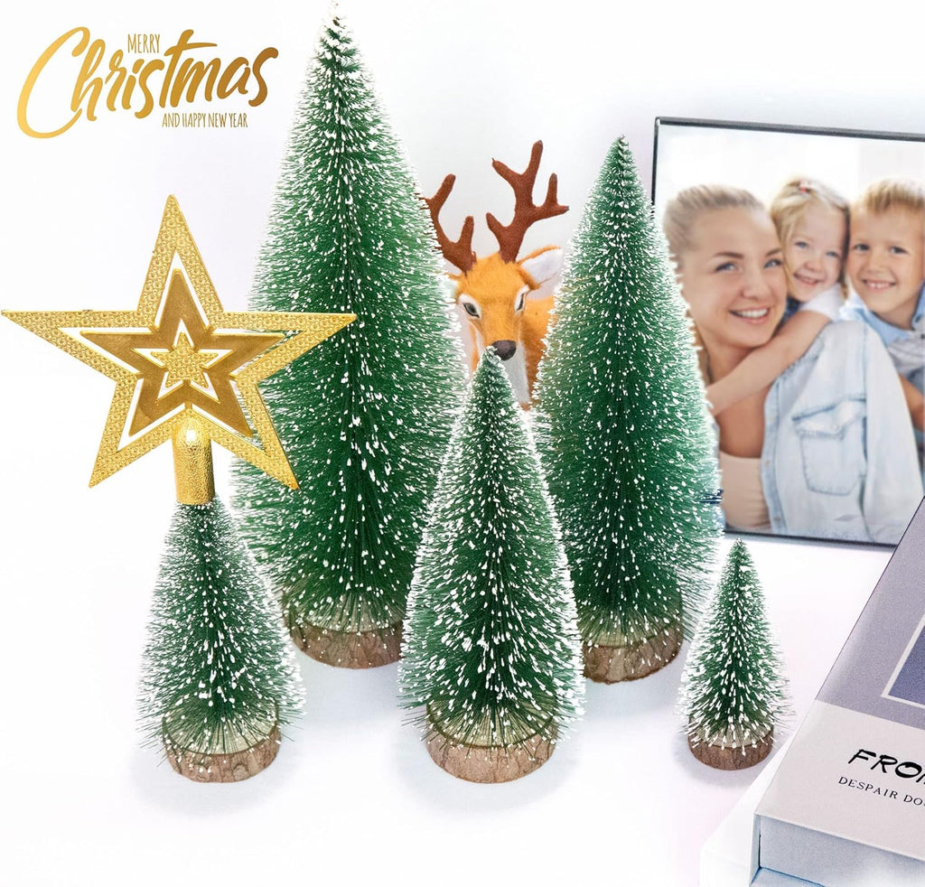 Bottle Brush Trees Mini Christmas Trees Decor Miniature Christmas Tree Small Desktop Artificial Pine Tree Sisal Christmas Trees with Snow for Tabletop Bedroom Decorations Crafts