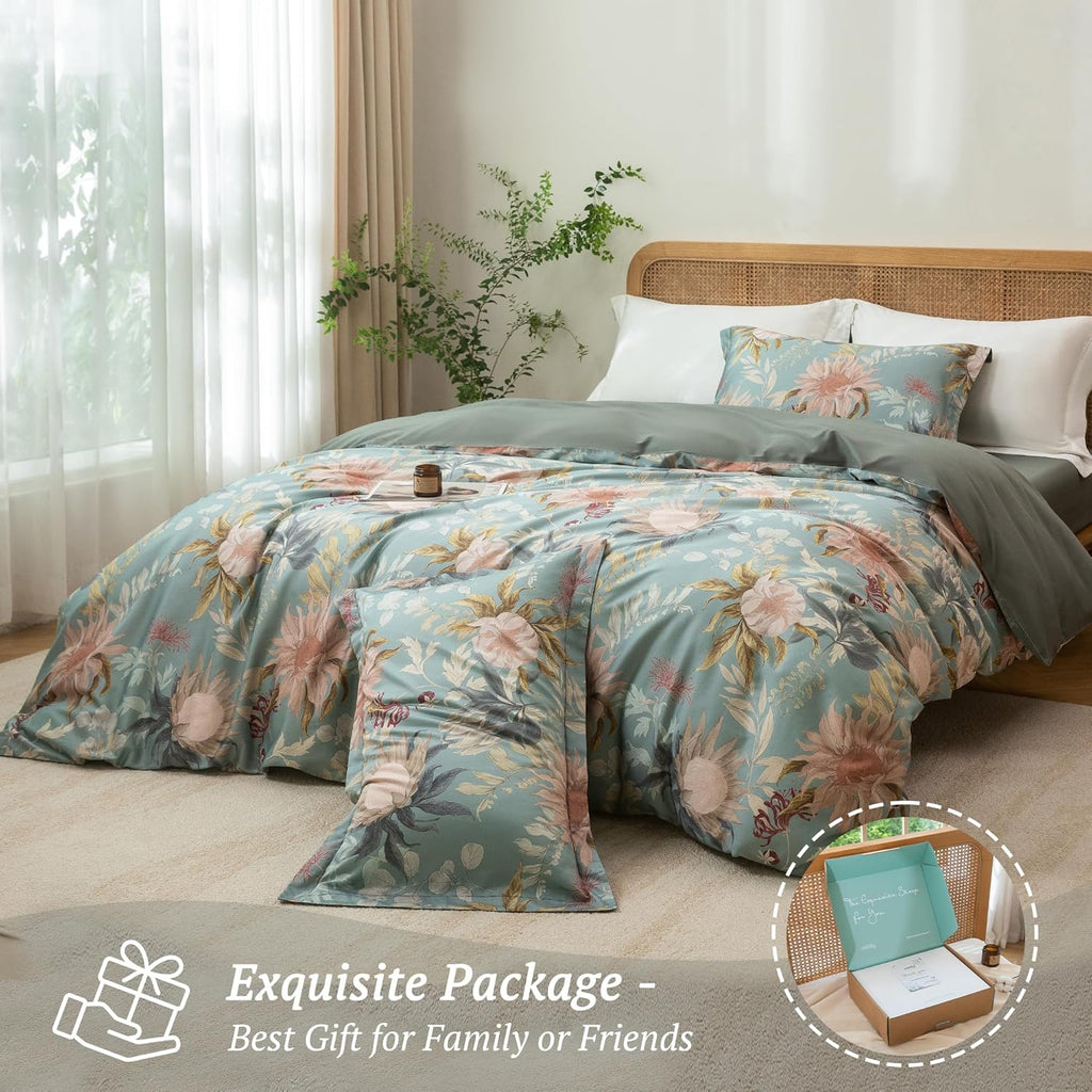 MILDLY King Size Duvet Cover Set 100% Long-Staple Cotton Luxury Vintage Floral Patten Reversible Comforter Cover Set 3Pcs
