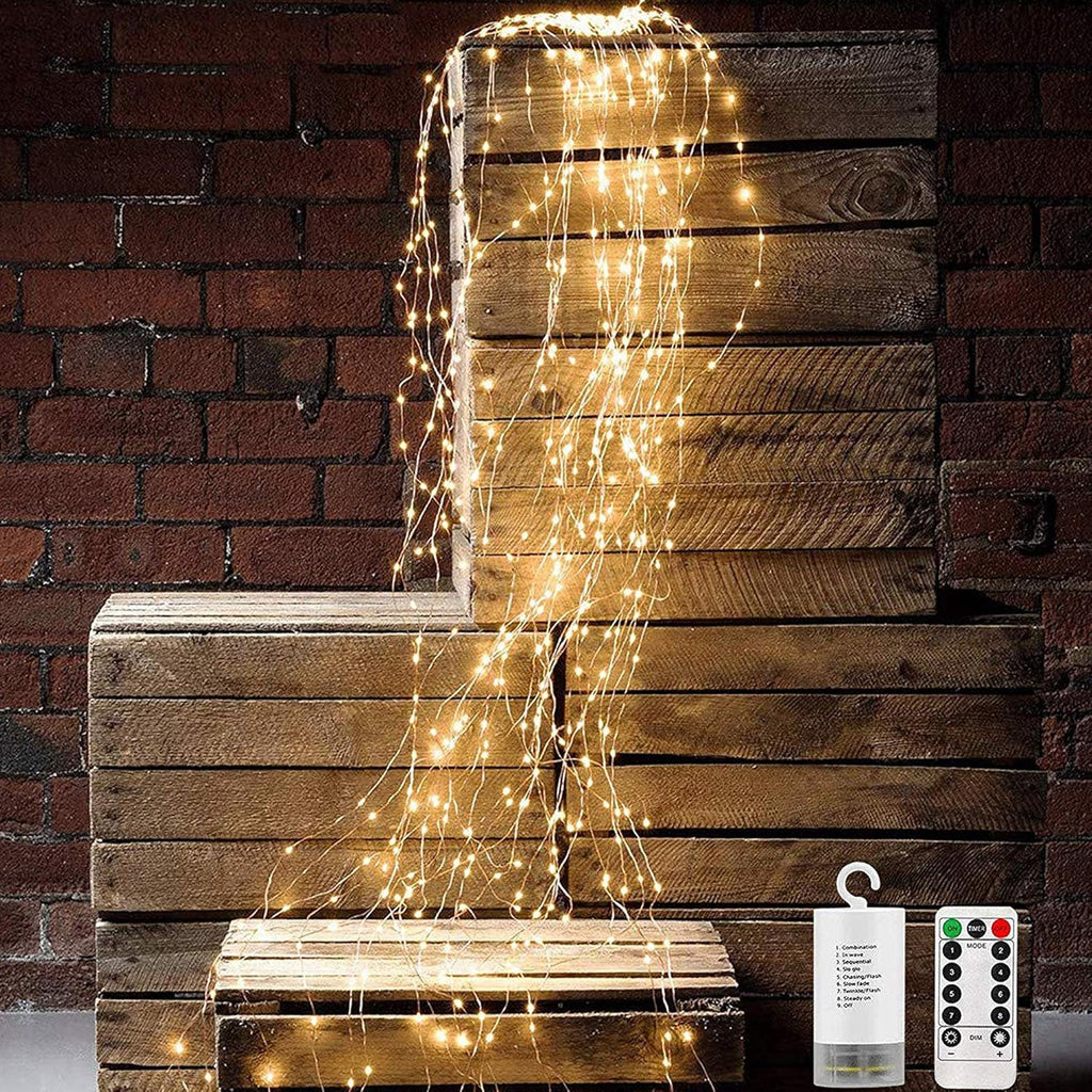 ANGMLN 200 LED Firefly Bunch String Lights Battery Operated, 8 Flashing Modes 10 Strand Waterproof Copper Wire Waterfall Lights Fairy Lights Gifts for Indoor Outdoor Christmas Wedding Party Decor