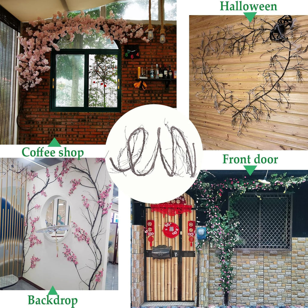 300cm/118inch Bendable Brown Small Artificial Tree Branches Fake Tree Trunk Garland Rattan Wreath Cherry Blossom Grape Vines Floral for Wall Hanging Front Door Reptile Habitat Decoration