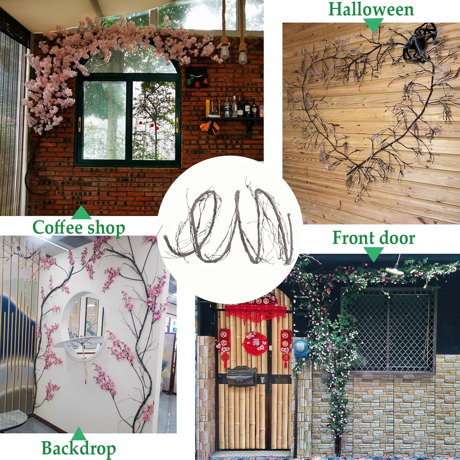 300cm/118inch Bendable Brown Small Artificial Tree Branches Fake Tree Trunk Garland Rattan Wreath Cherry Blossom Grape Vines Floral for Wall Hanging Front Door Reptile Habitat Decoration