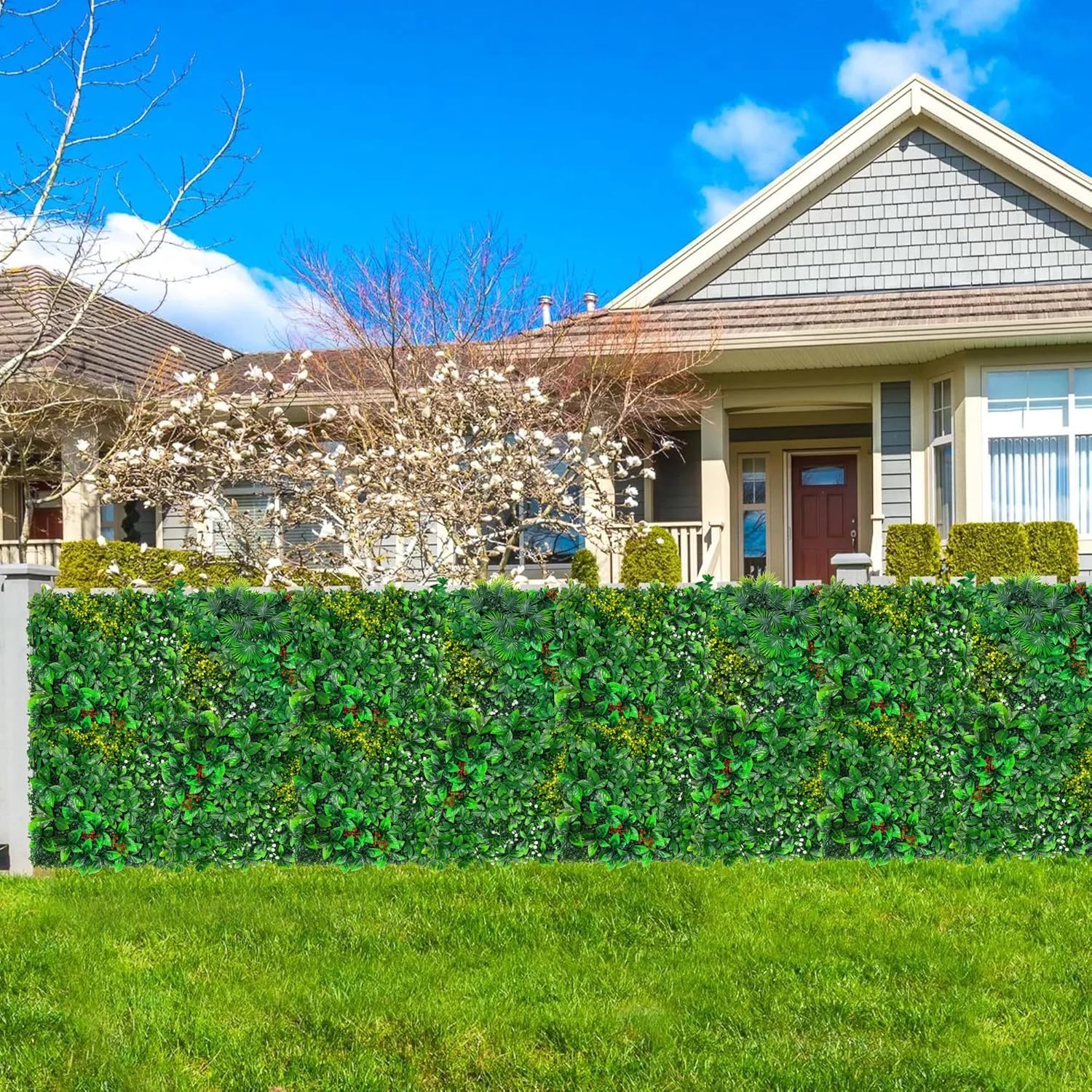 Grass Wall, Artificial Tropical Boxwood Panels 20"x20"(16pcs), Privacy Hedge Fence Screen with UV Protection, Greenery Backdrop for Indoor Home Wedding Decor and Outdoor Patio Backyard