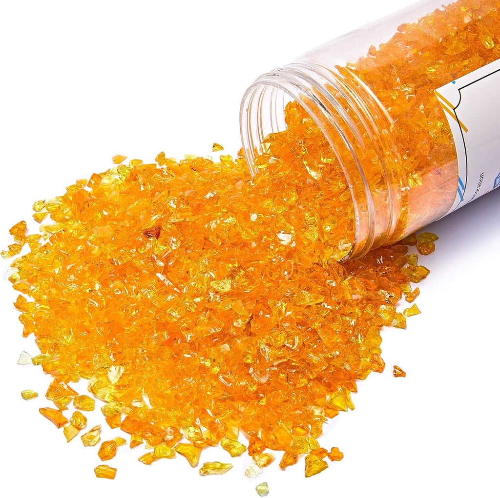 TWINKLING High Luster Fire Glass Gravel Stone Glitter,Broken Glass,Fire Gems Chips,Crushed Glass for Fire Pit Crafts Resin Art Aquarium Garden Decoration,3-6mm,1-Pound Jar (Orange Yellow)