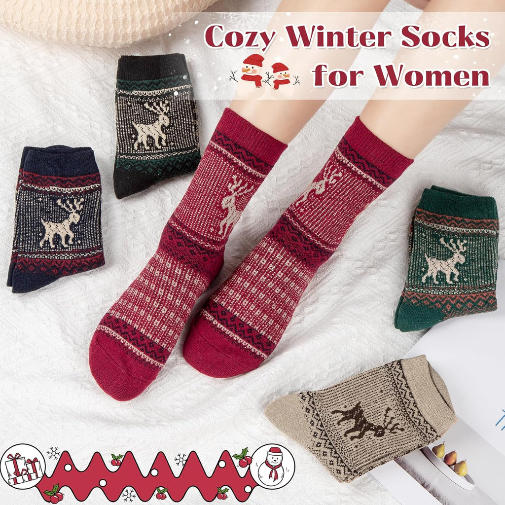 Justay 5 Pairs Wool Socks for Women - Winter Thick Boot Cozy Crew Vintage Soft Calf Knit Warm Socks Gifts