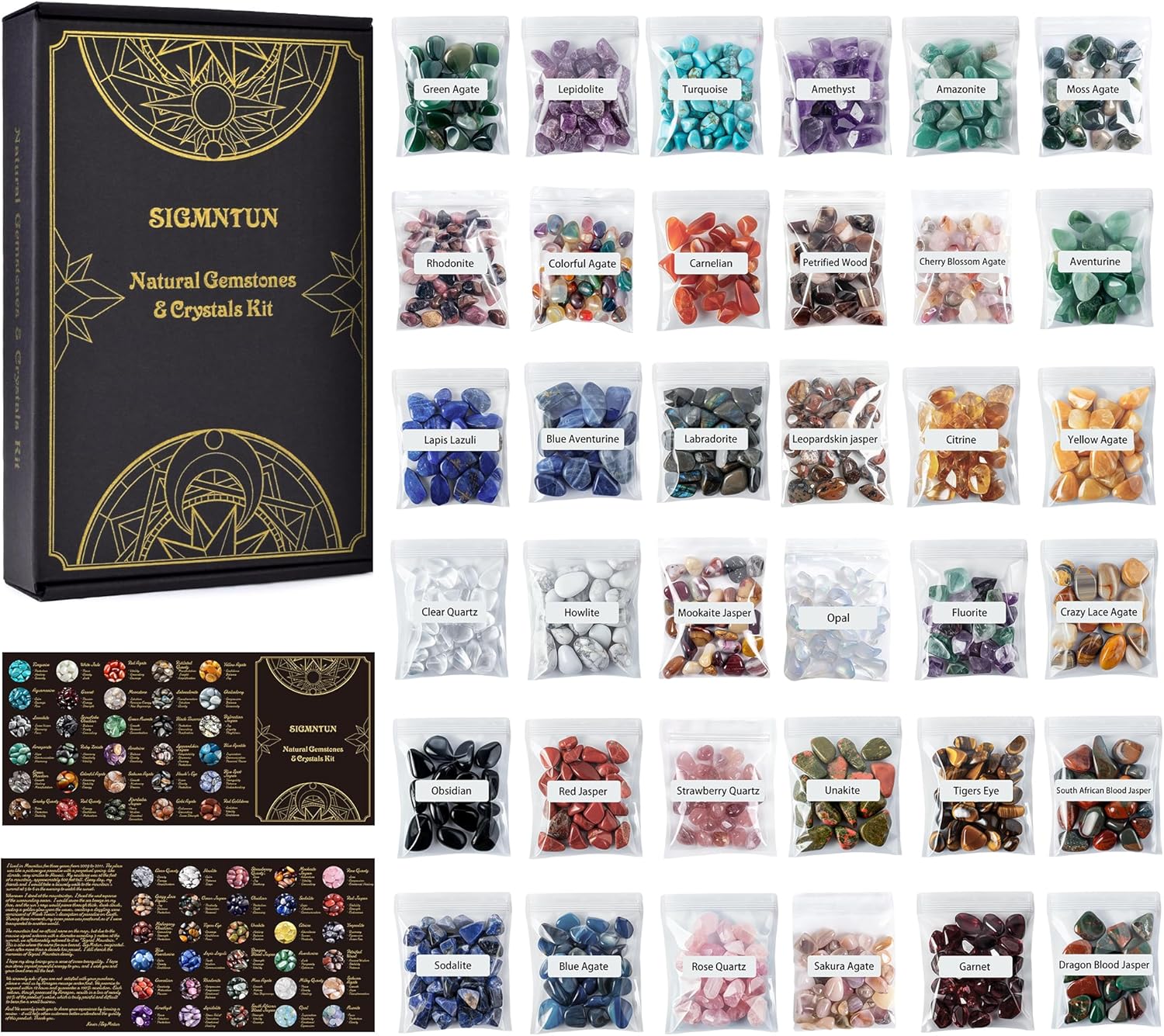 Polished Healing Crystal Chips & Stones Set – 36 Different Natural Gemstone Types, 2.5 lbs 0.3" Tumbled Decorative Rocks Collection for Chakra, Meditation, Reiki, Energy Work, Crafts, Gifts