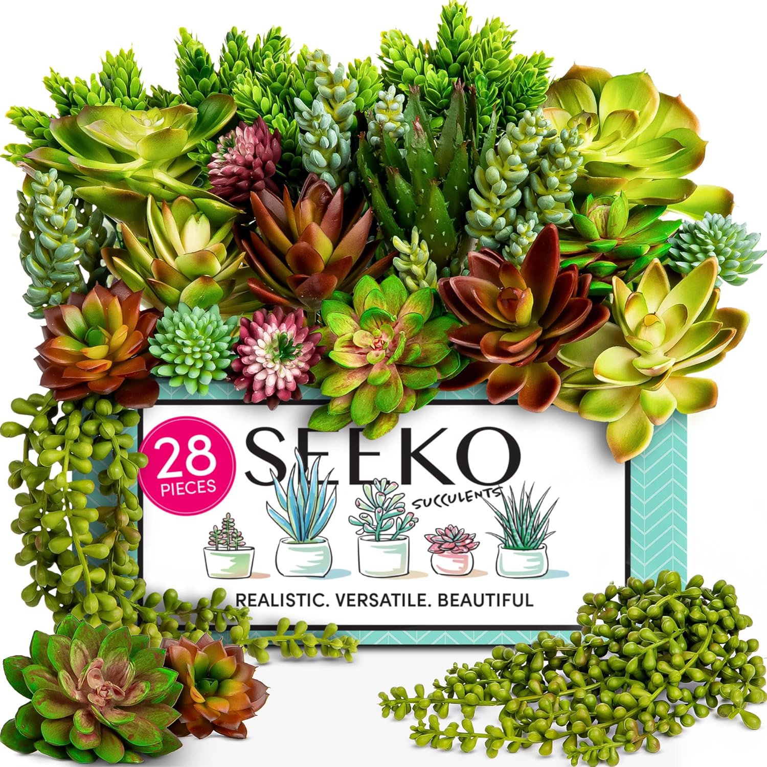 SEEKO Succulents Fake Succulents (28 Pack) – Premium Succulents Plants Artificial for Crafts - Large Assortment for Party, Garden, Home, Outdoor & DIY Floral Decor