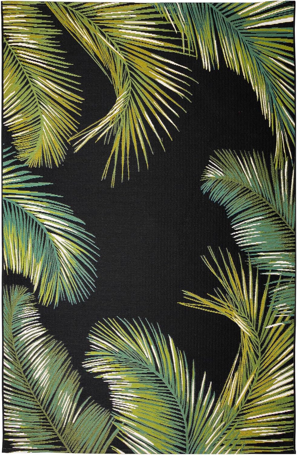 Liora Manne Marina Indoor/Outdoor Power Loomed Synthetic Blend Low Profile Area Rug - Transitional Border Botanical Beach Colorful (Palm Border Black) (7'10" x 9'10")