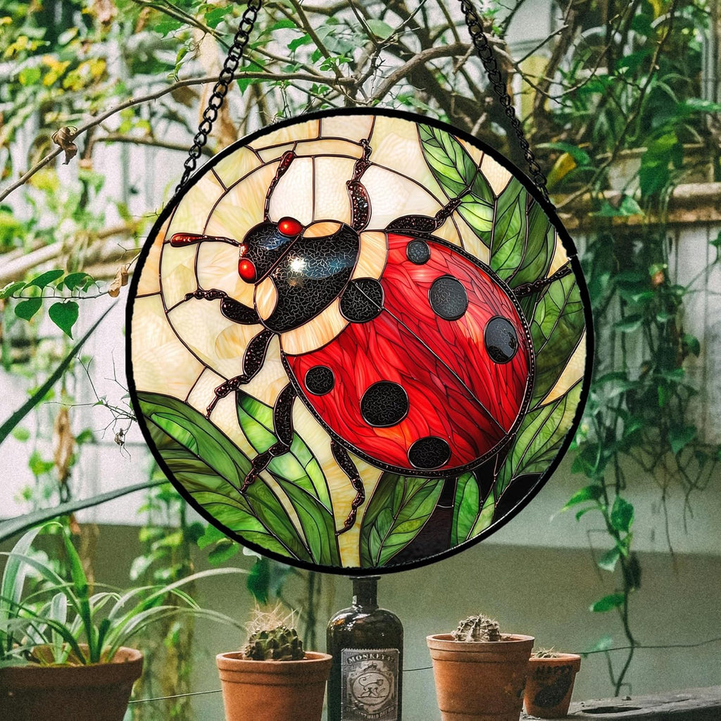 Stained Glass Window Hanging - Red Seven-Spotted Ladybug Sun Catcher for Door Home Decor Insect Suncatcher Christmas Mother's Day Birthday Gifts for Women Men Mom Nana 6.3 in
